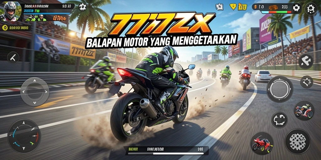 Tangkapan layar utama 777ZX menampilkan balapan motor yang mendebarkan.