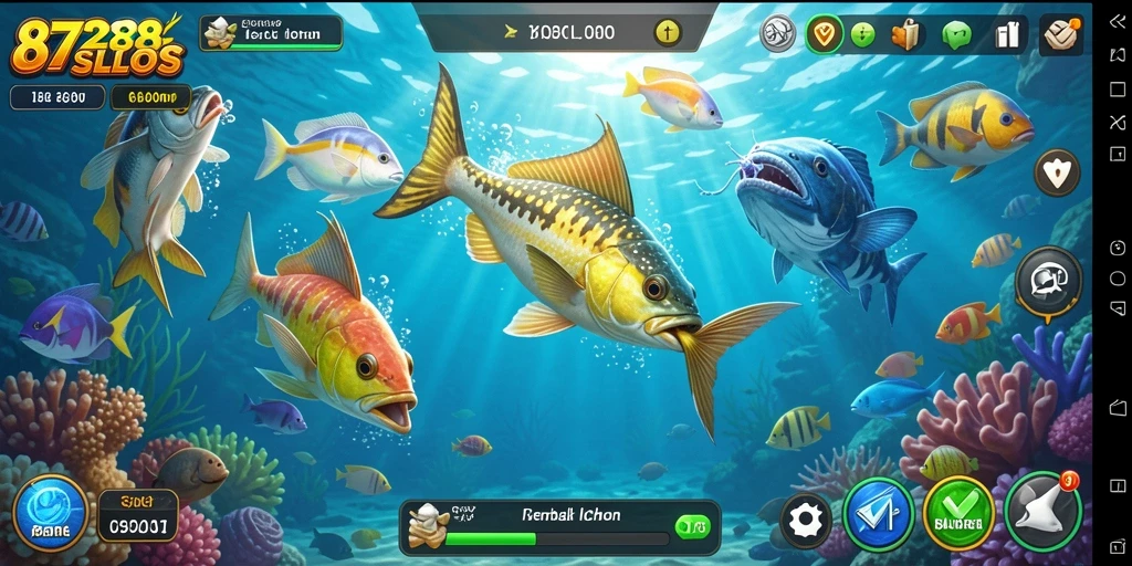 Screenshot gameplay 8728SLOTS menampilkan aksi menembak ikan yang seru dan grafis yang menarik.