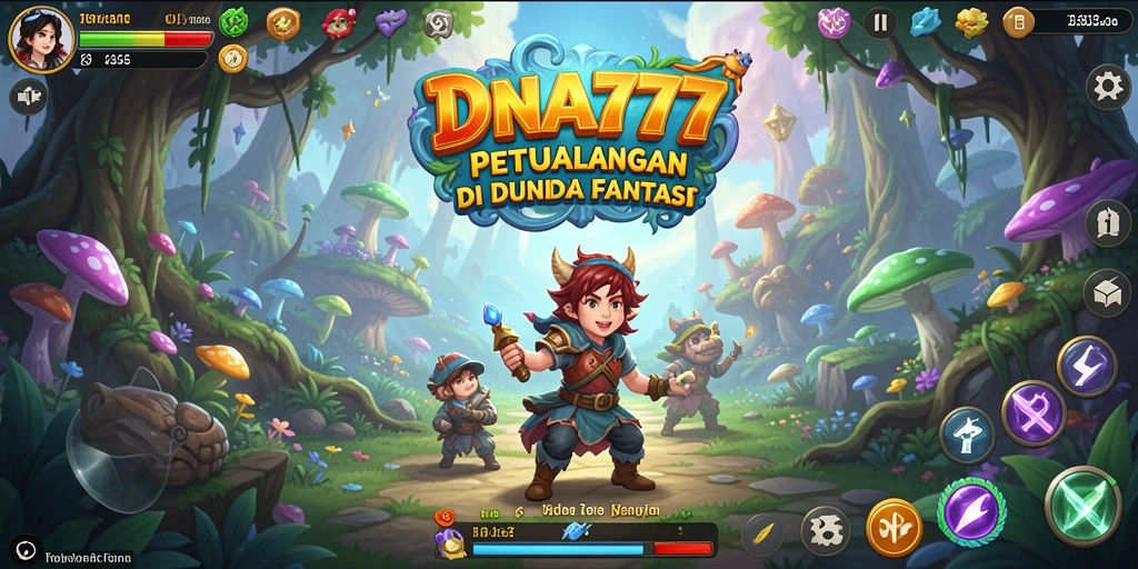Screenshot menunjukkan pemain menjelajahi dunia fantasi DNA777.