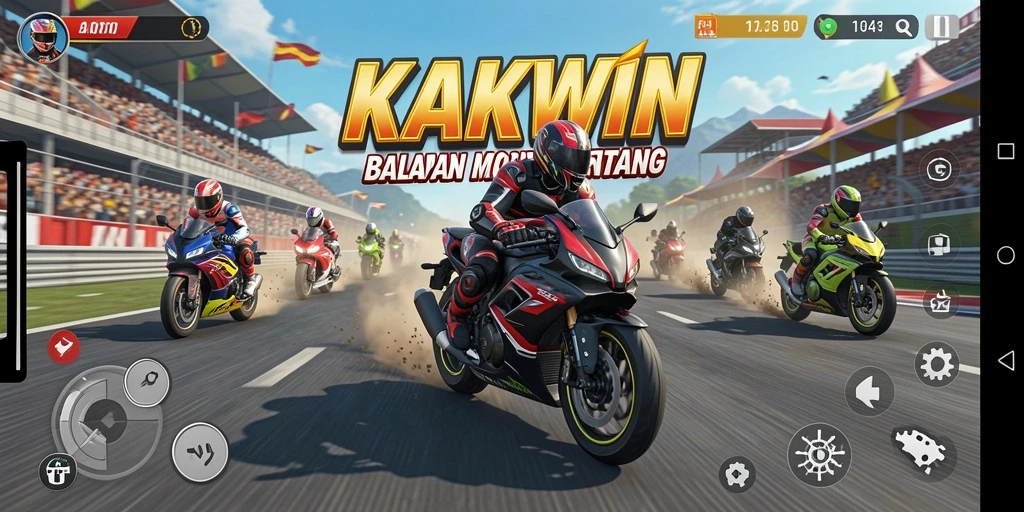 Tampilan gameplay KAKWIN yang penuh aksi dalam balapan motor.
