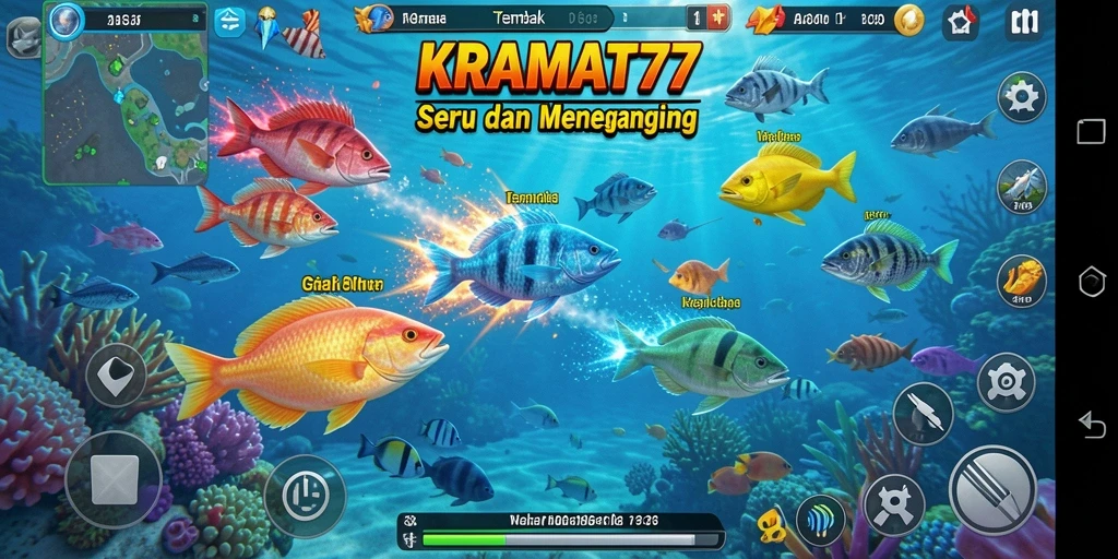 Tampilan gameplay menakjubkan dari KRAMAT77 dengan banyak ikan berwarna-warni.