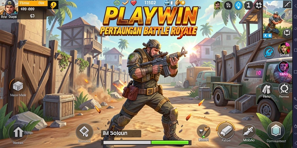 Screenshot gameplay di <strong>PLAYWIN</strong> menunjukkan aksi pertempuran Battle Royale yang mendebarkan.