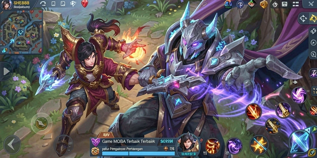 Screenshot gameplay SHE888 menampilkan aksi seru dalam pertempuran MOBA.