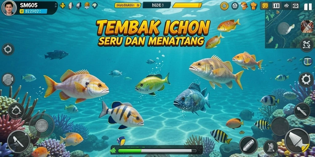 Gameplay seru menembak ikan di SM605 dengan efek visual yang mengesankan.