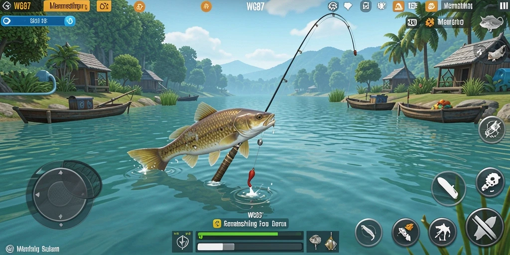 Tampilan gameplay WG87 yang menampilkan memancing di lokasi yang indah.